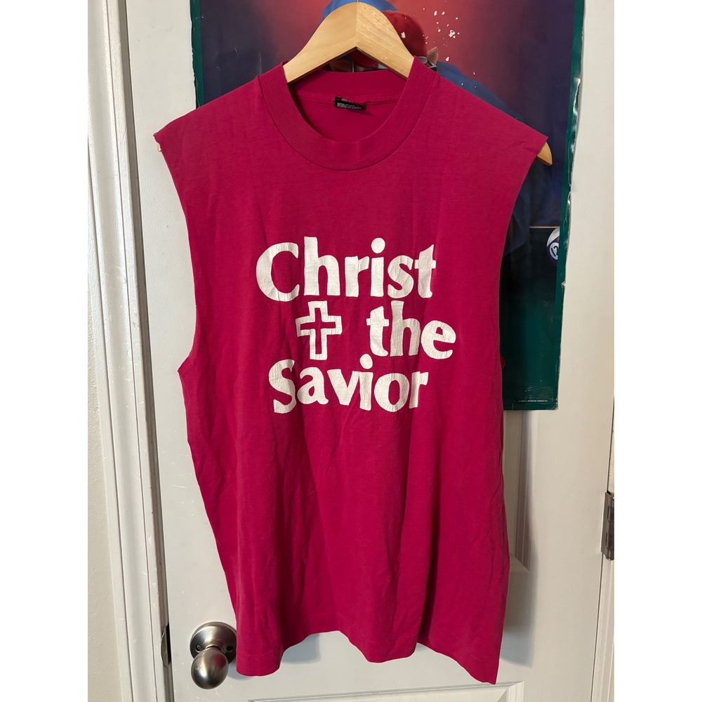 BEST Fruit of the Loom Mens Large Pink Sleeveless T Shirt Christ the Savior 90s